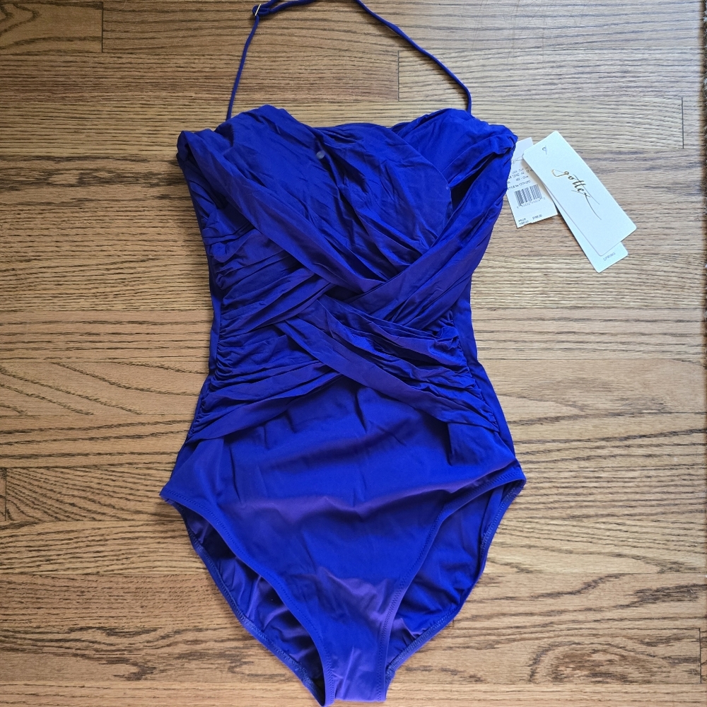 NWT GOTTEX Size 12 Swimsuit Cobalt Blue Large One Piece Lattice Gathering Ruched
